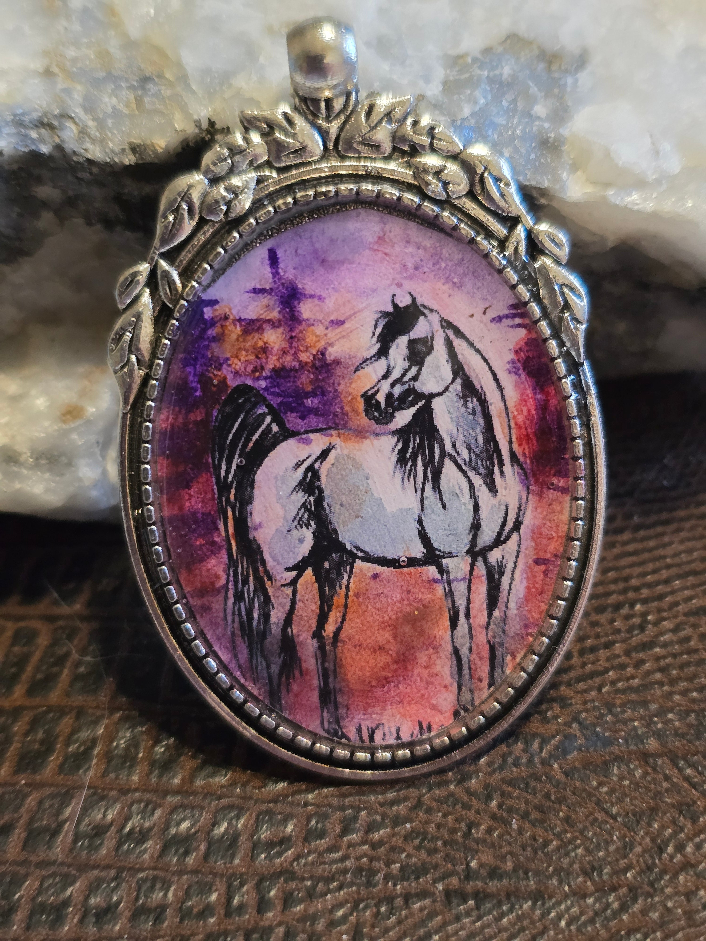 Desert Sunset Hand-Painted Arabian Horse Portrait Pendant, Silver alloy Setting