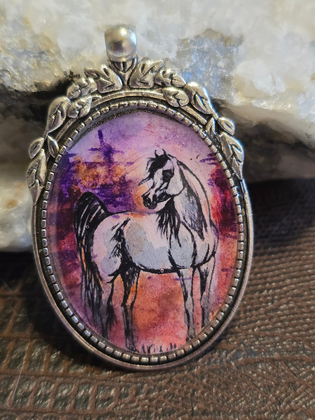 Desert Sunset Hand-Painted Arabian Horse Portrait Pendant, Silver alloy Setting