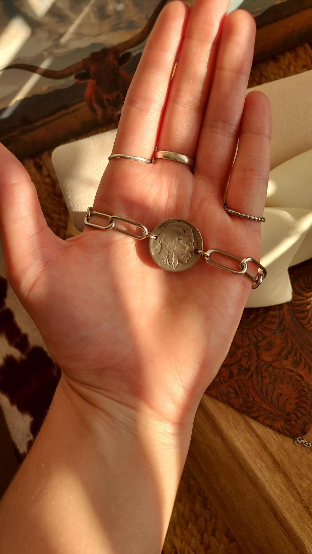 Roaming Free Bracelet Stainless Steel Buffalo Nickel Coin Two Ways to Wear