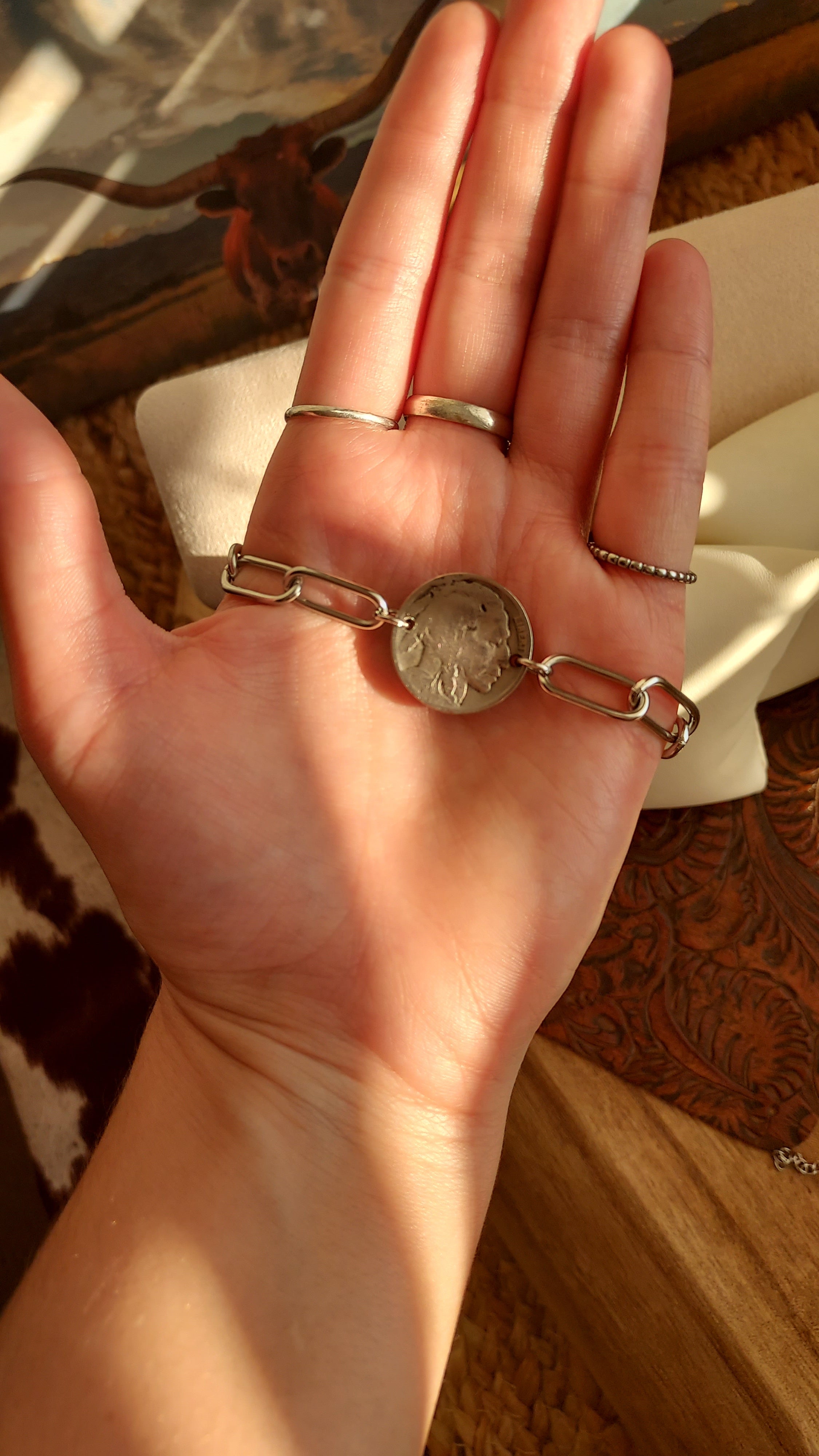 Roaming Free Bracelet Stainless Steel Buffalo Nickel Coin Two Ways to Wear