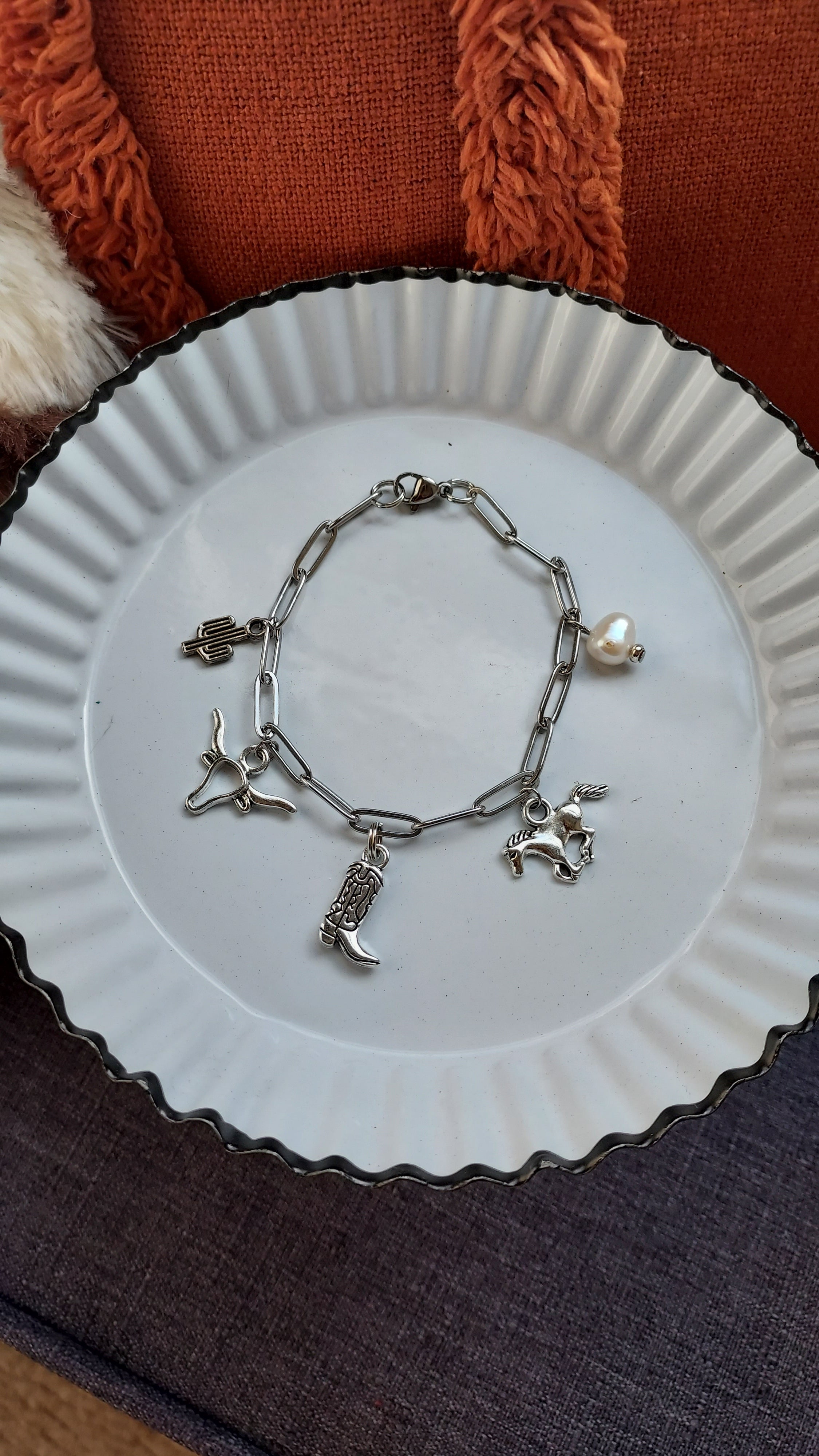 Out West Charm Bracelet Cowgirl Jewelry Stainless Steel 3 Charms