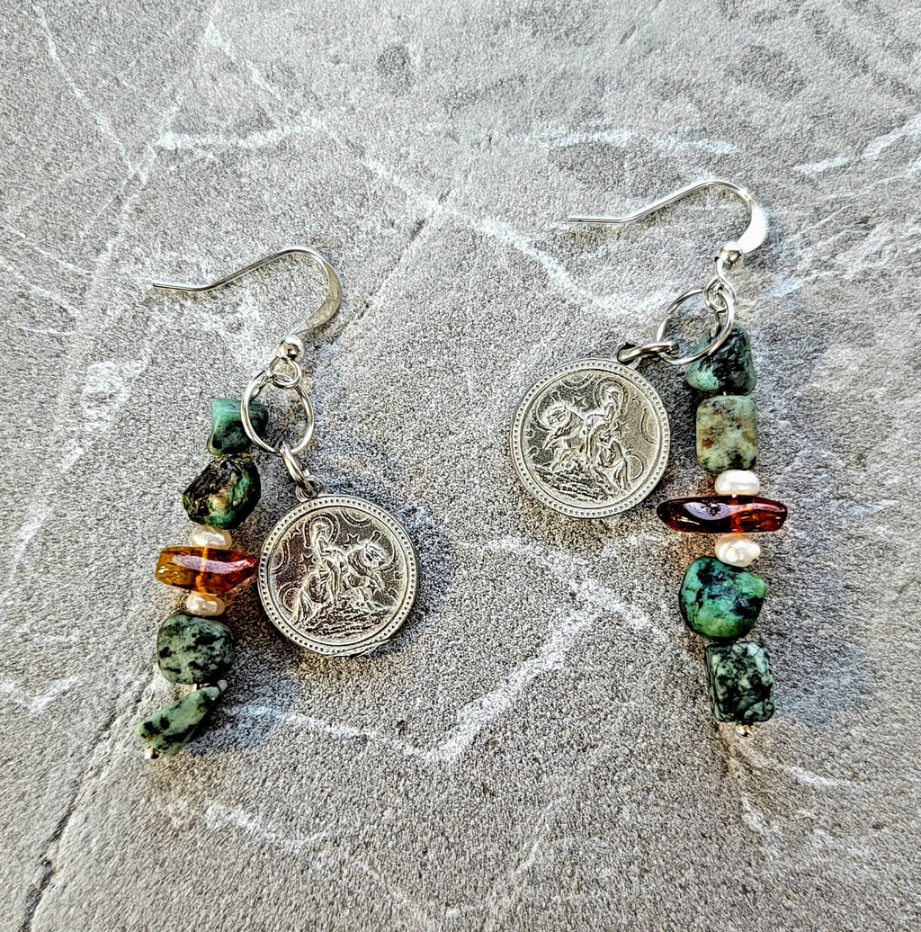Reining Horse Pewter Charm Gemstone Earrings