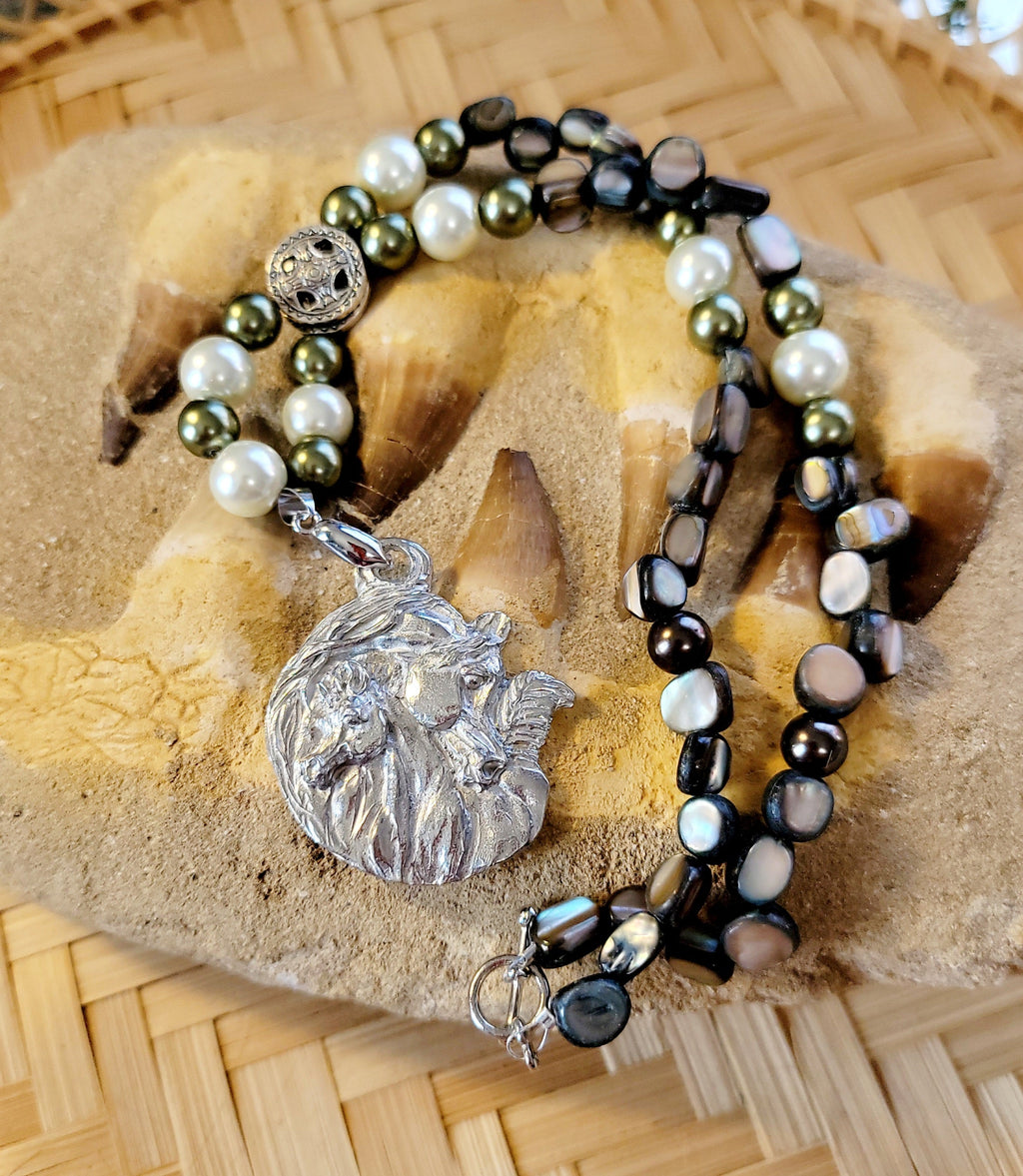 Pewter Arabian Mare and Foal Gemstone Necklace set earrings