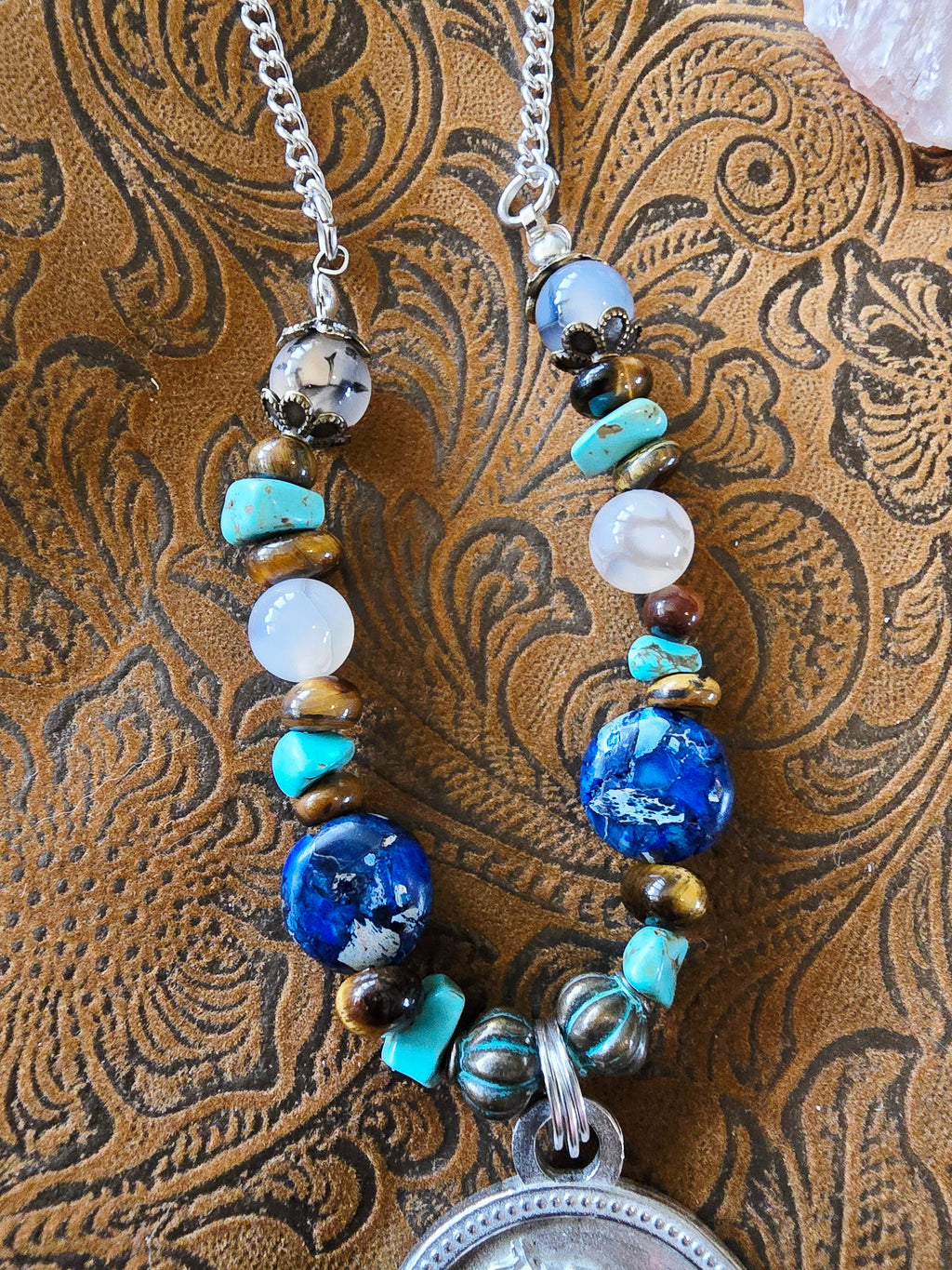 Pewter Arabian Horse Necklace — Jasper, Turquoise, Tiger's Eye & Dendritic Opal Gemstone Beads, 24"