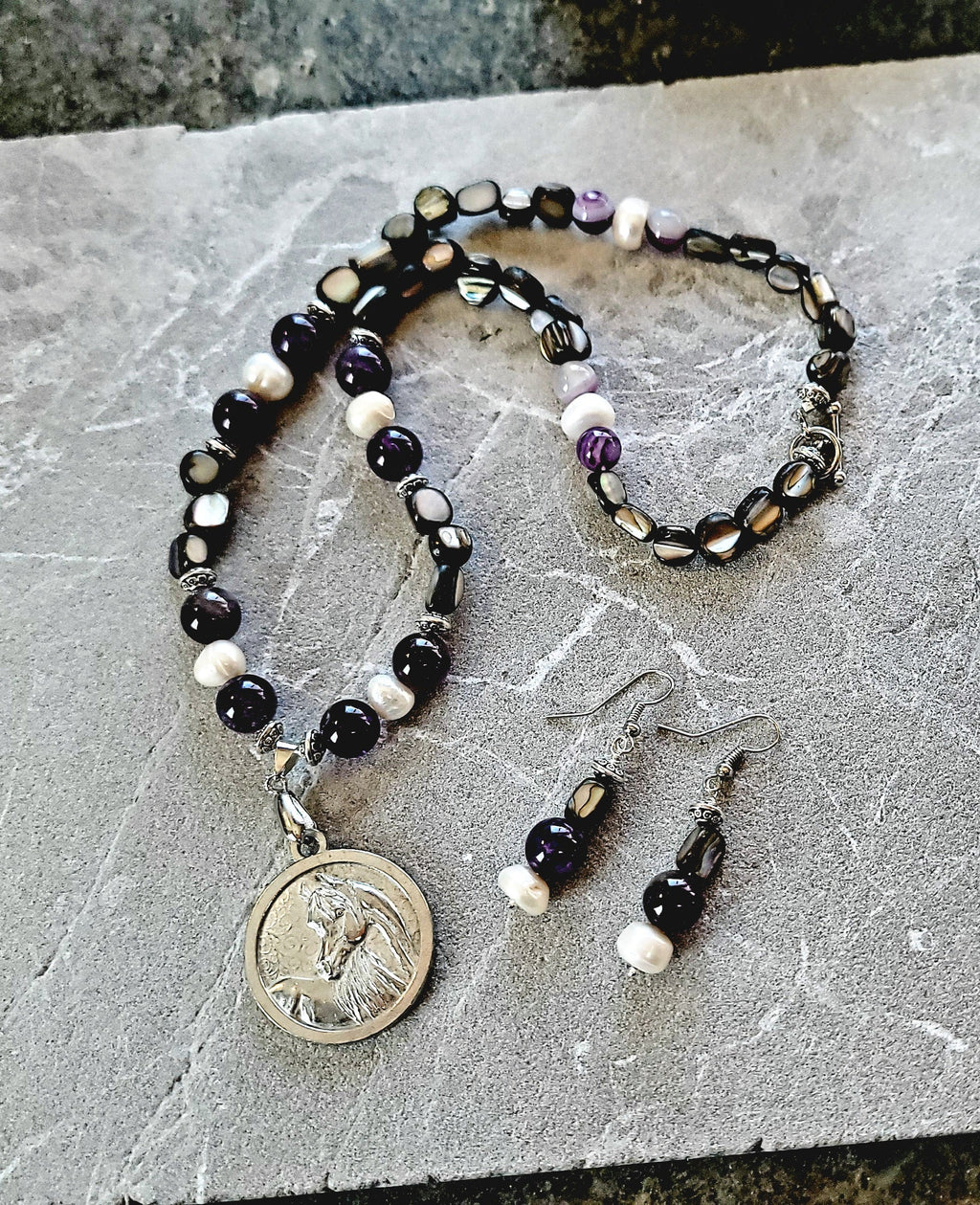 Pewter Horse Medallion Amethyst Pearl & Shell Necklace and Earring Set