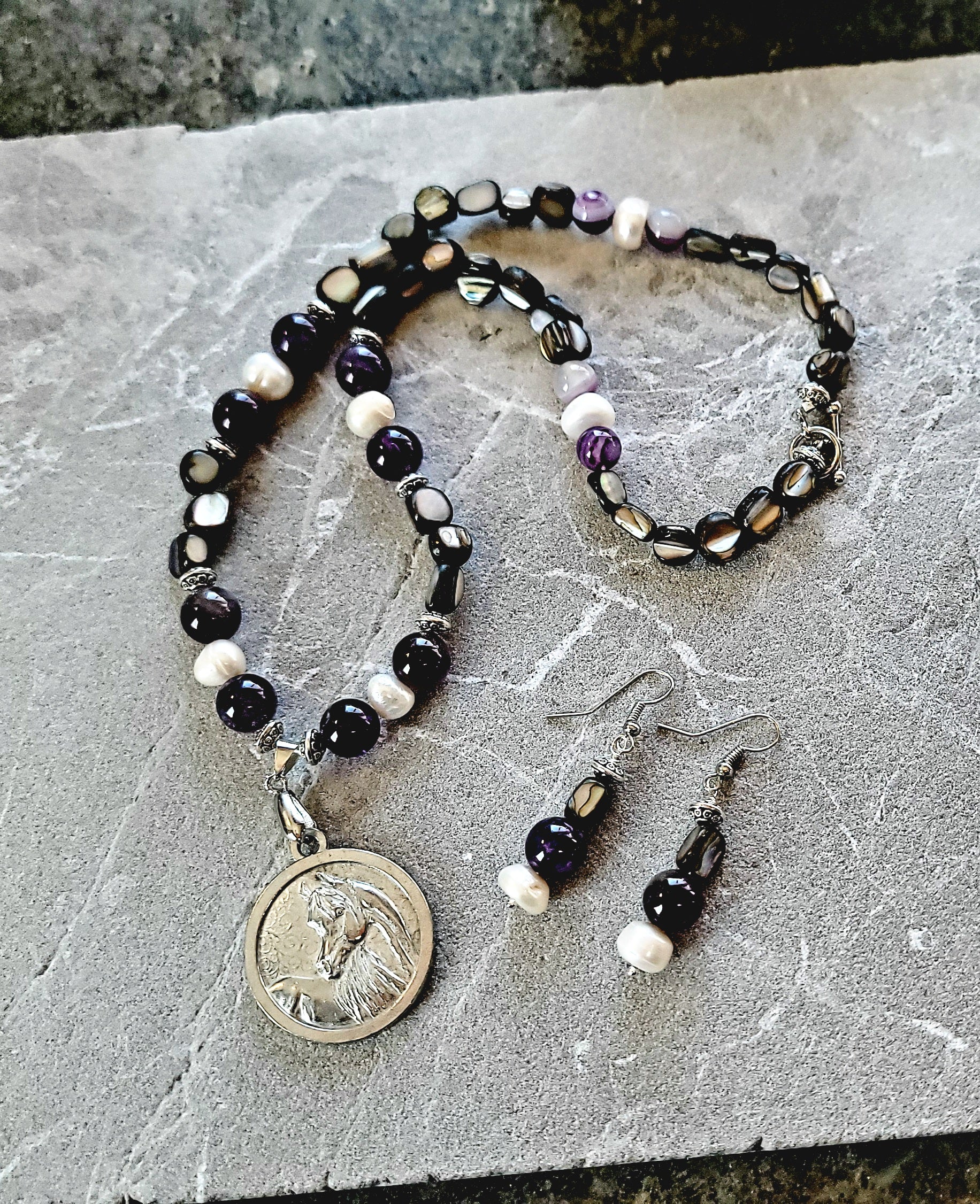 Pewter Horse Medallion Amethyst Pearl & Shell Necklace and Earring Set