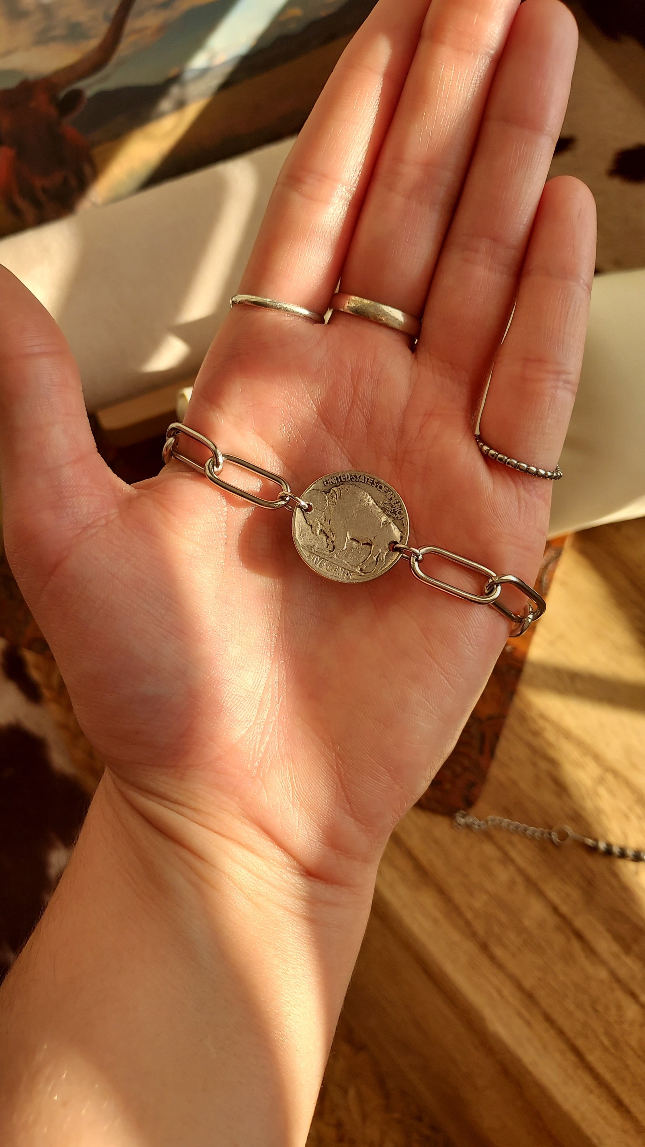 Roaming Free Bracelet Stainless Steel Buffalo Nickel Coin Two Ways to Wear