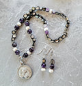 Pewter Horse Medallion Amethyst Pearl & Shell Necklace and Earring Set