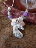 Pewter Arabian Horse Head Necklace — Freshwater Pearl, Lavender Jade & Green Aventurine, 26"