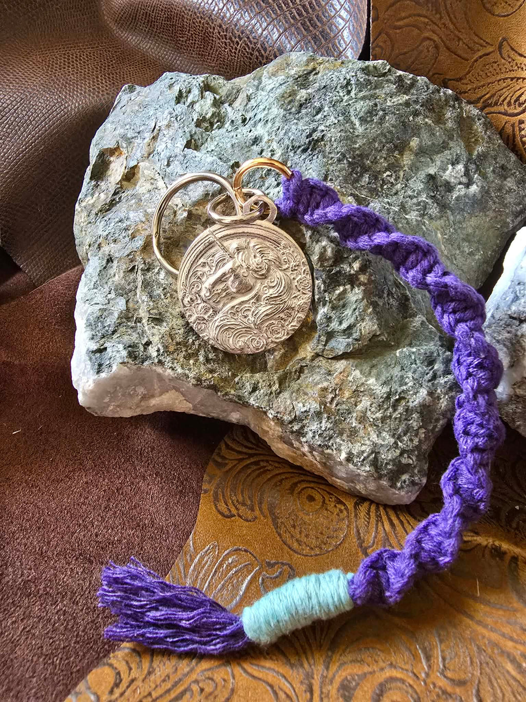 Unicorn Pewter Pendant Keychain Key Ring Macrame Lanyard