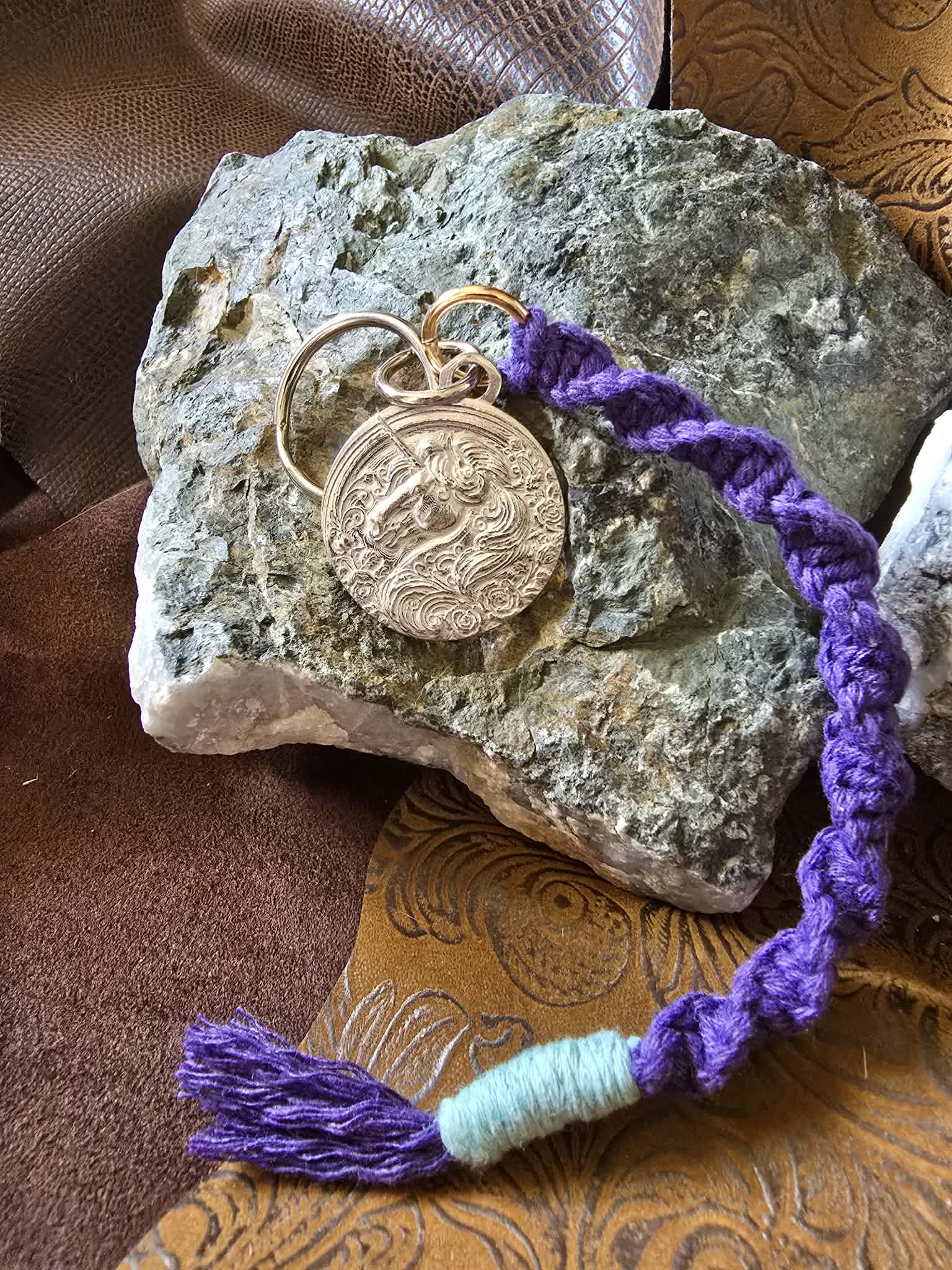 Unicorn Pewter Pendant Keychain Key Ring Macrame Lanyard