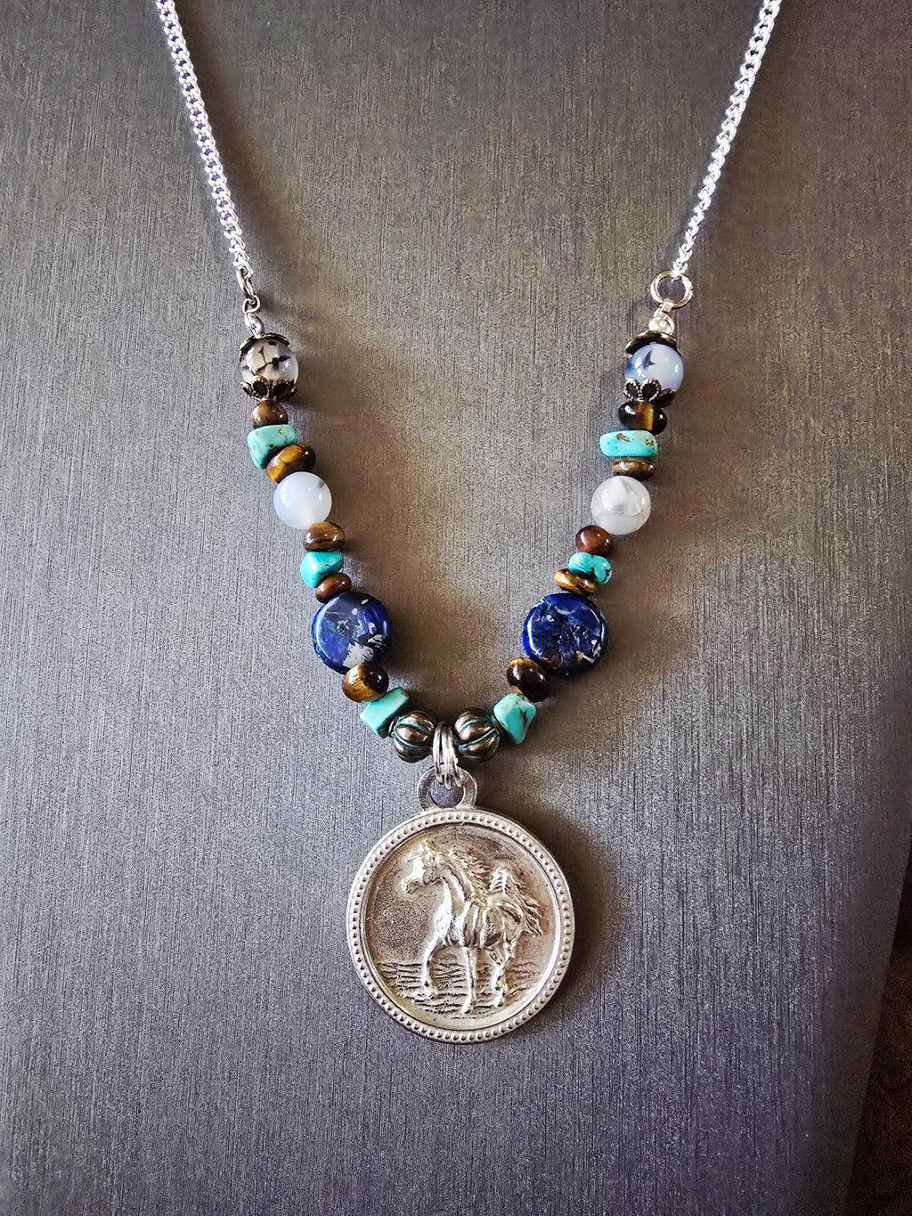 Pewter Arabian Horse Necklace — Jasper, Turquoise, Tiger's Eye & Dendritic Opal Gemstone Beads, 24"