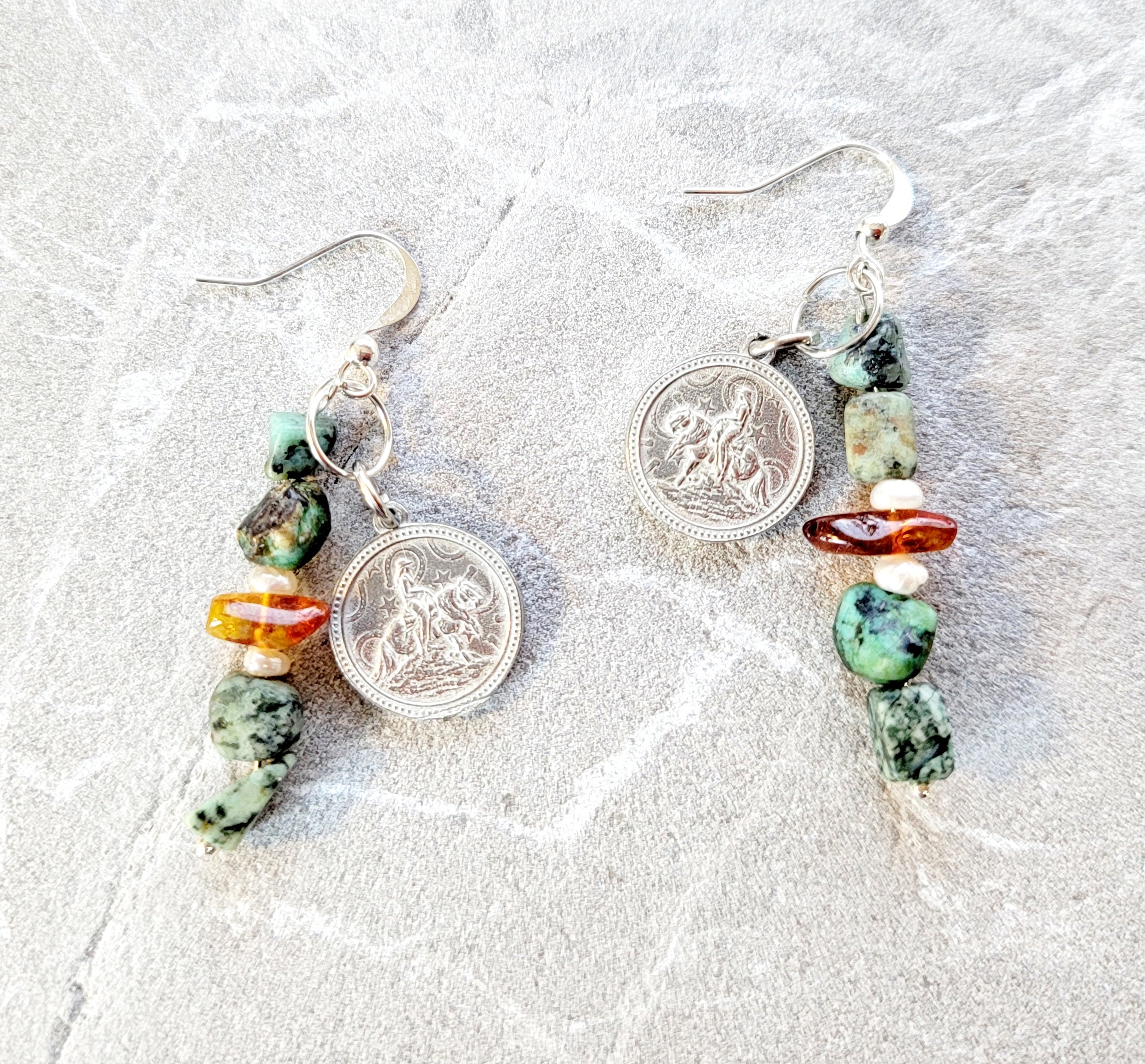 Reining Horse Pewter Charm Gemstone Earrings