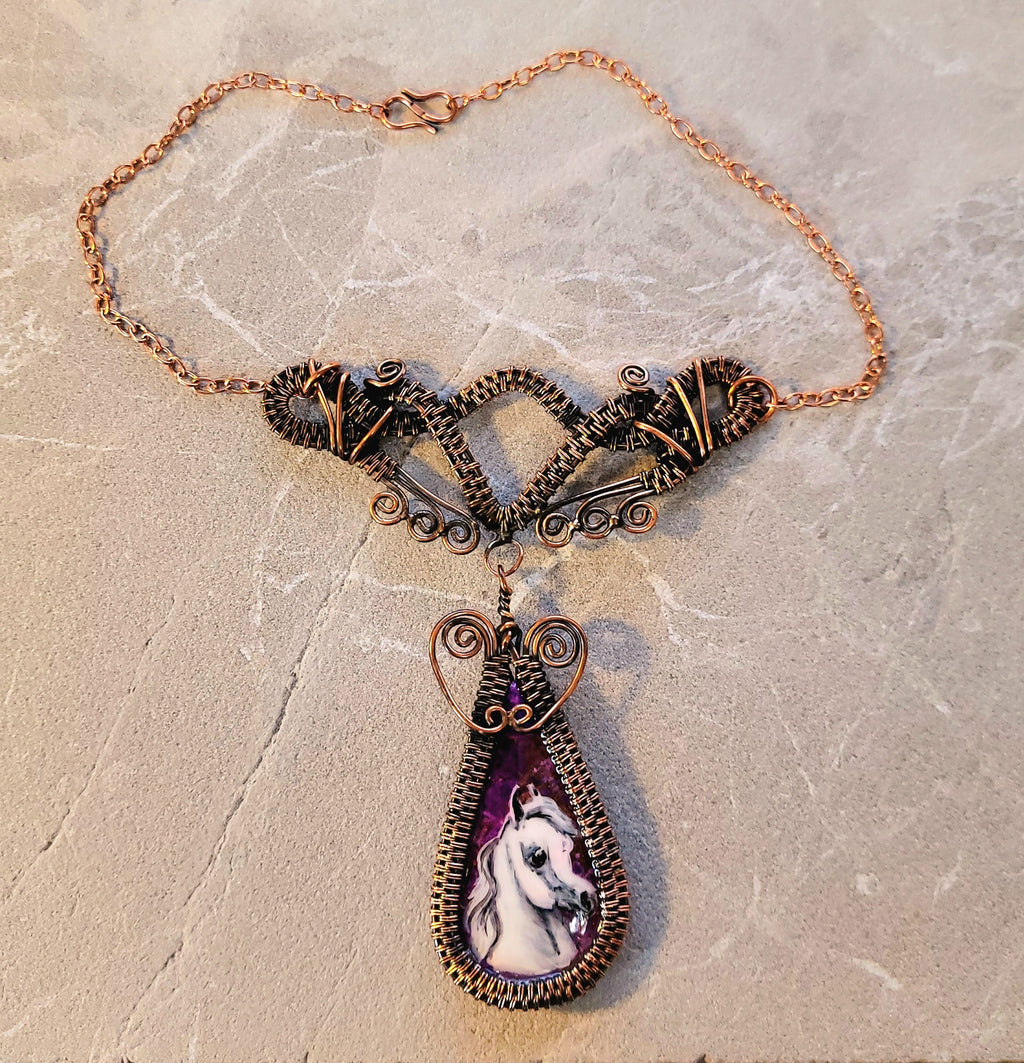 Copper Wire Wrapped Purple Jasper Hand Painted Arabian Horse Necklace