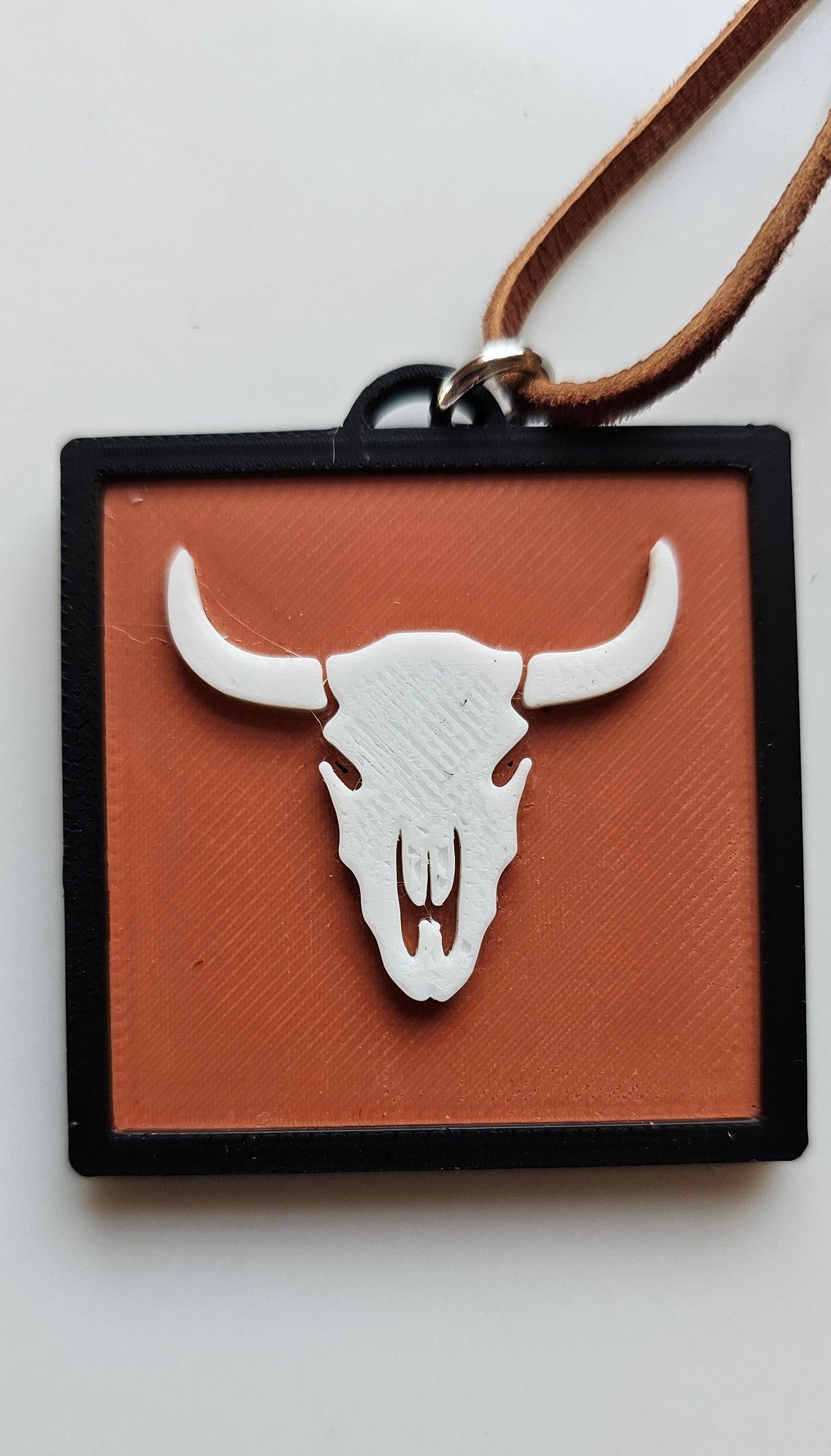 3D Print Picture Necklace on Deerskin Leather Western Bull Skull Desert Cactus Made in America