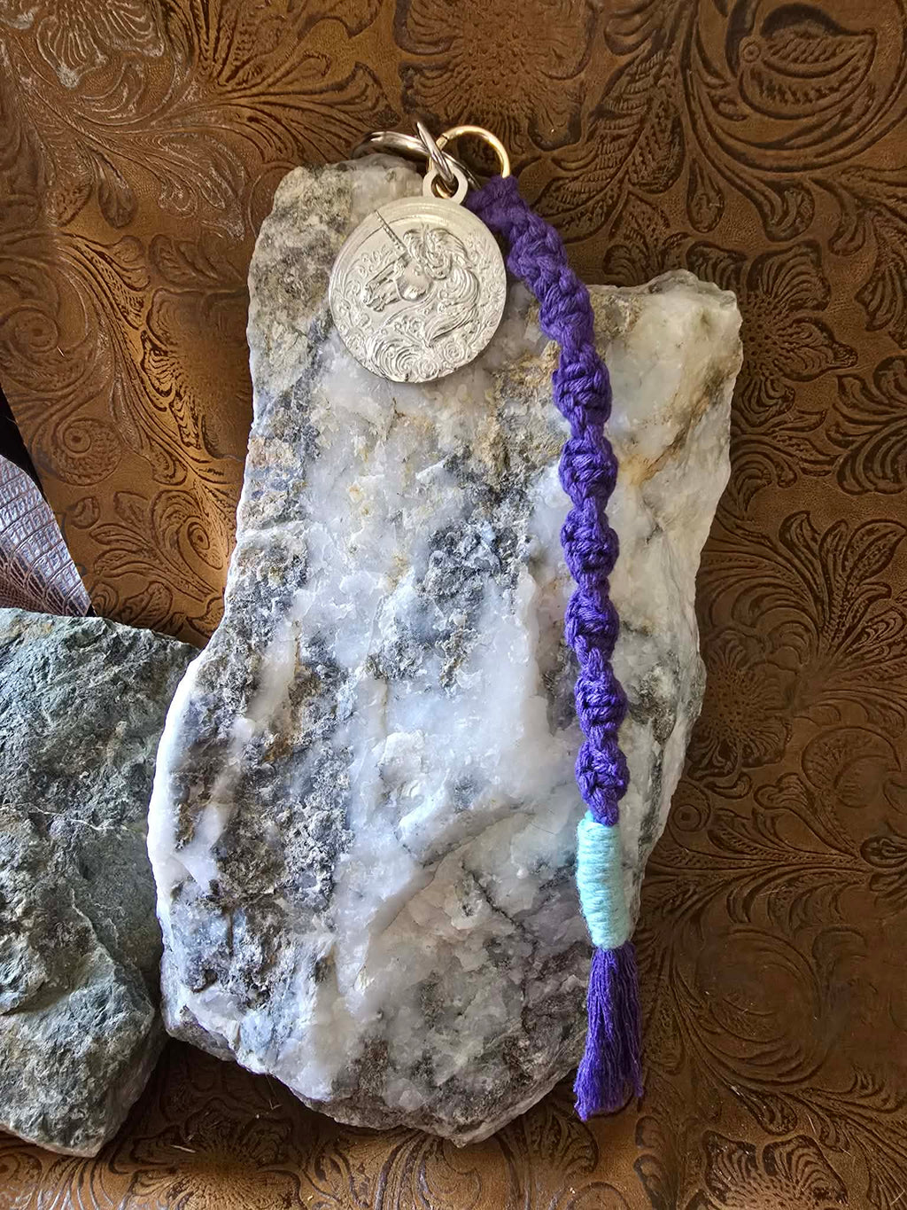 Unicorn Pewter Pendant Keychain Key Ring Macrame Lanyard