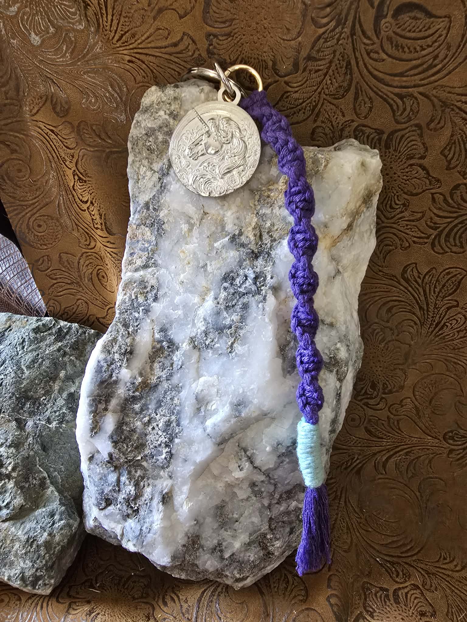 Unicorn Pewter Pendant Keychain Key Ring Macrame Lanyard