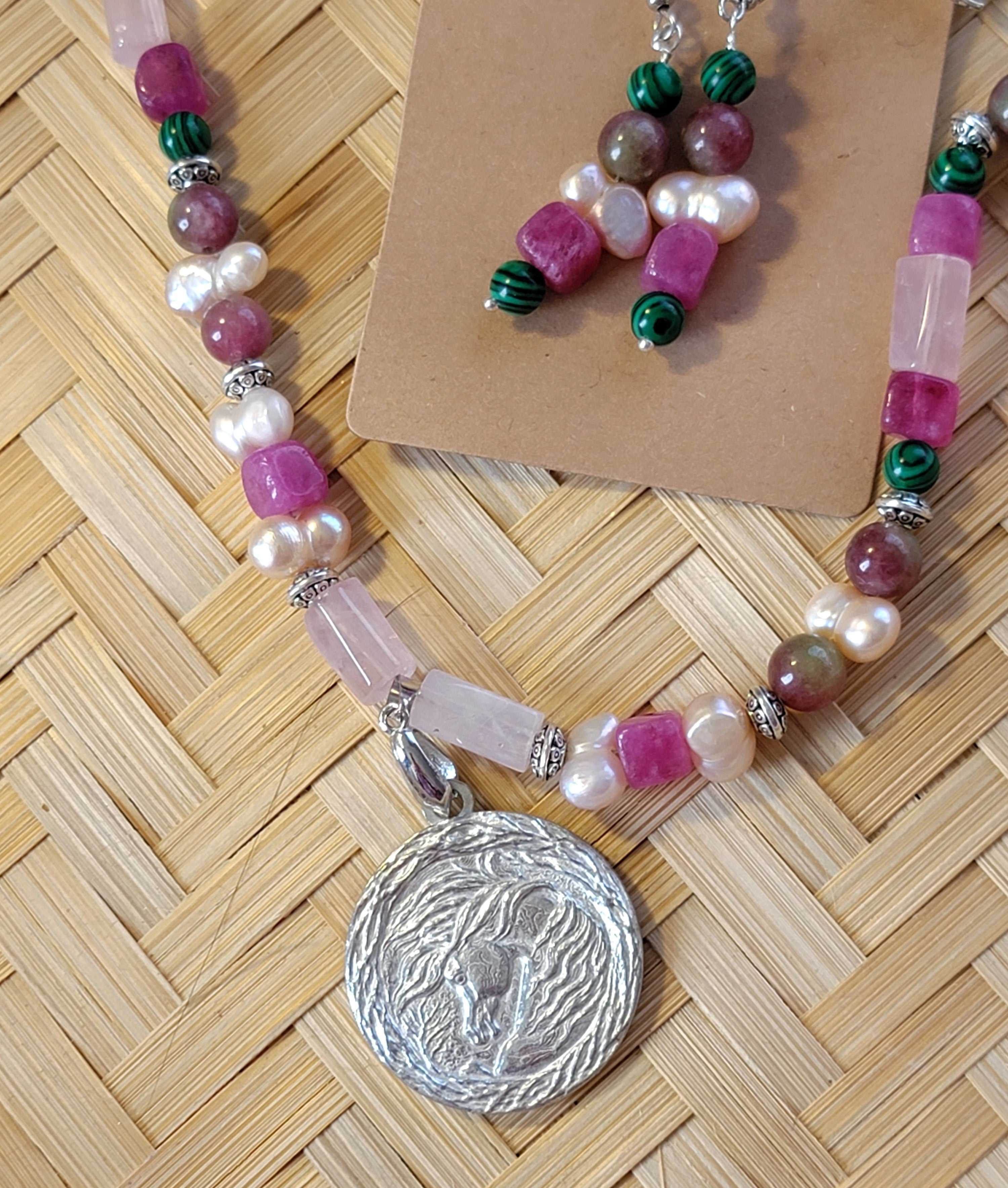 Pewter Arabian Horse Rose Quartz Gemstone Necklace Set earrings