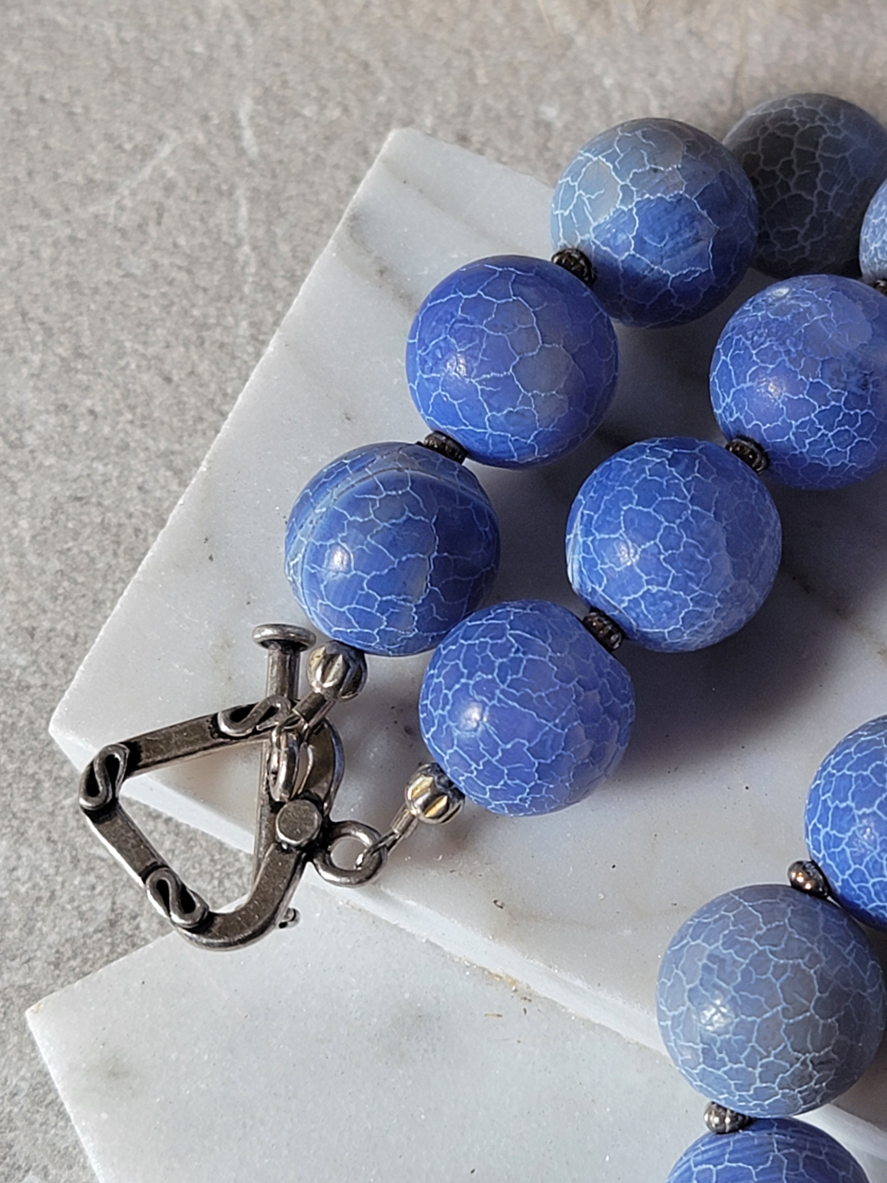 Blue Agate Mare & Foal Pewter Heart Charm Bracelet — Sterling Silver Toggle Clasp