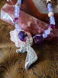Pewter Arabian Horse Head Beaded Necklace — Purple Emperor Stone & Frosted Purple Chalcedony, 25"