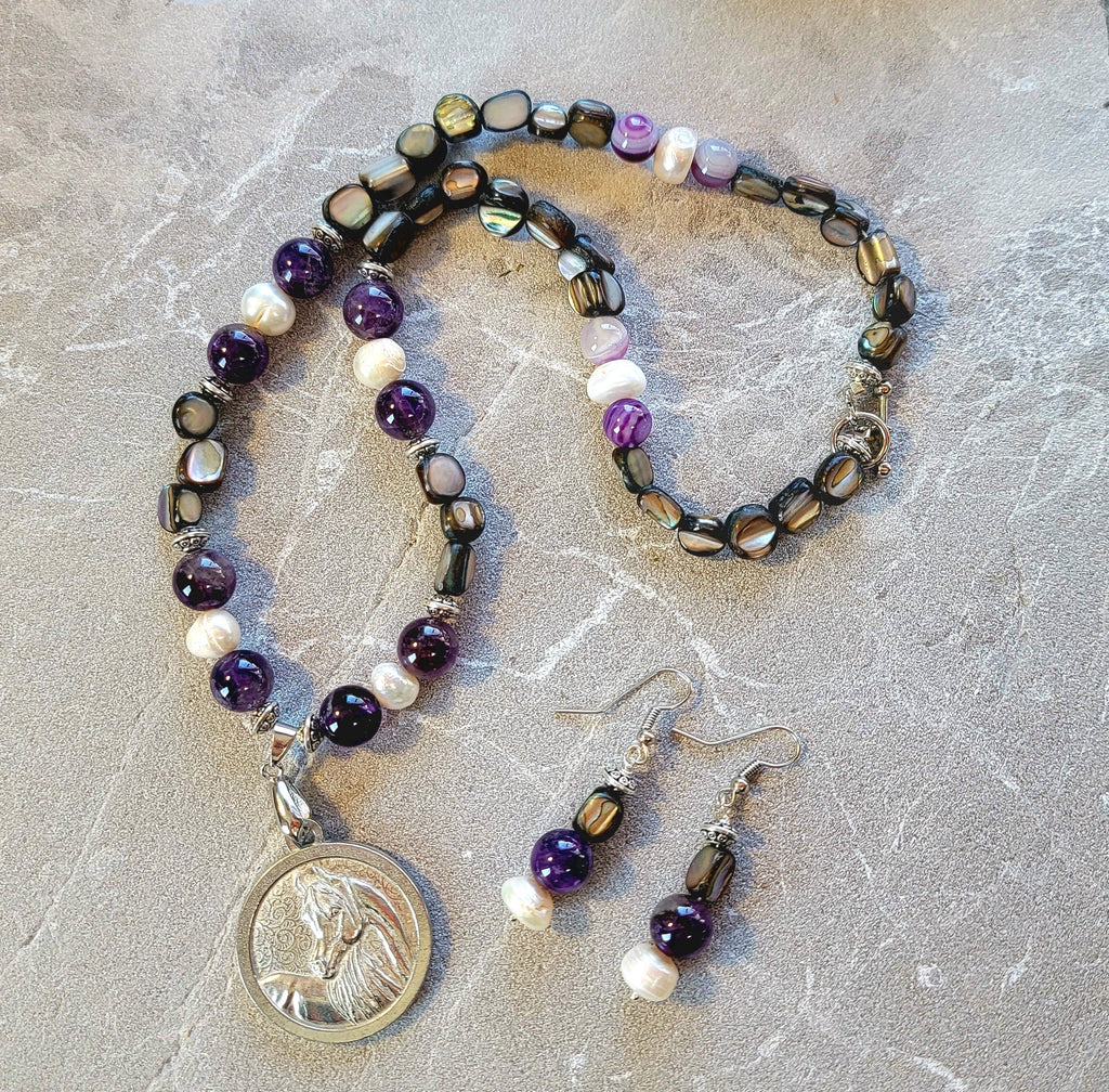 Pewter Horse Medallion Amethyst Pearl & Shell Necklace and Earring Set