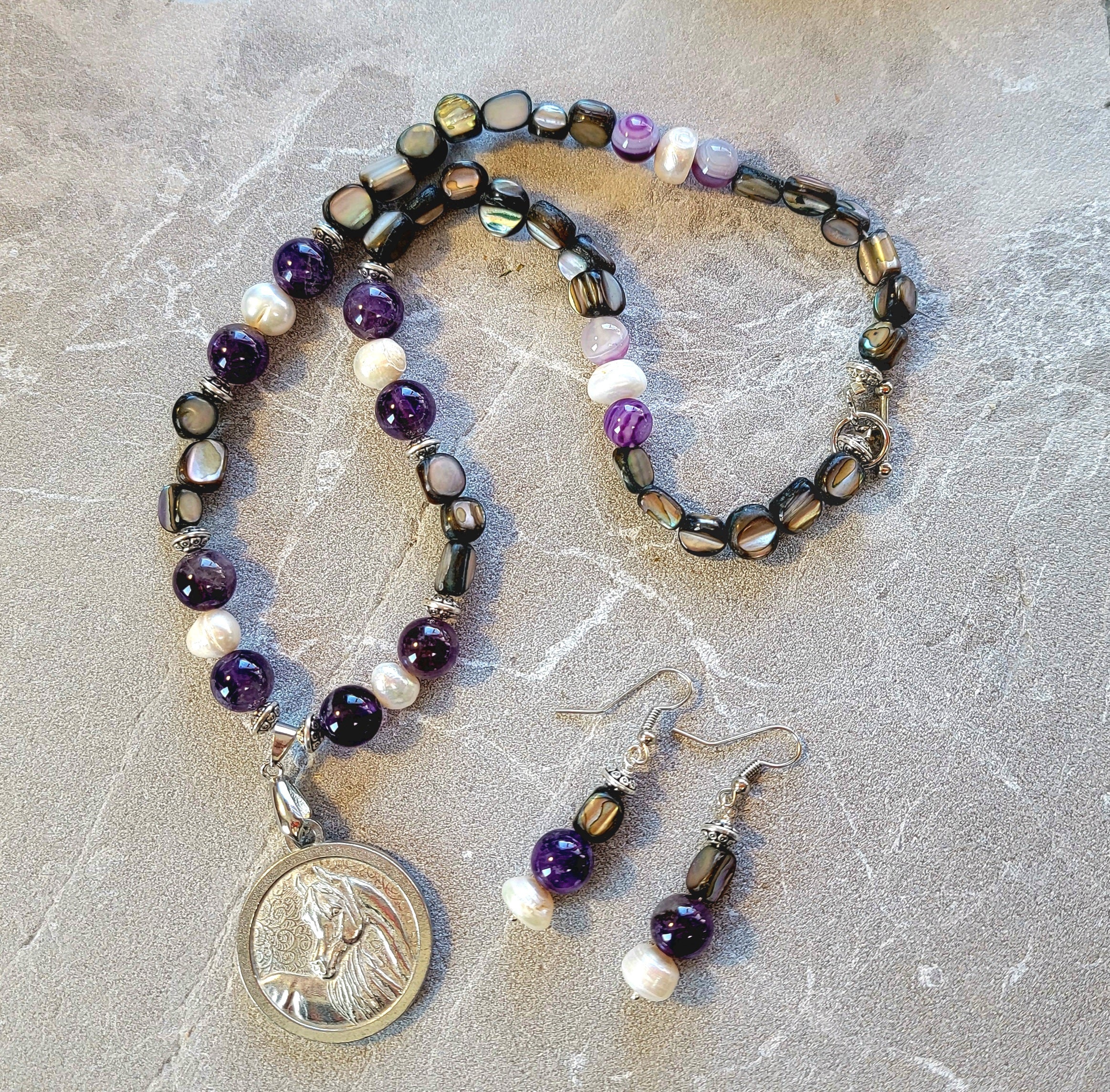Pewter Horse Medallion Amethyst Pearl & Shell Necklace and Earring Set
