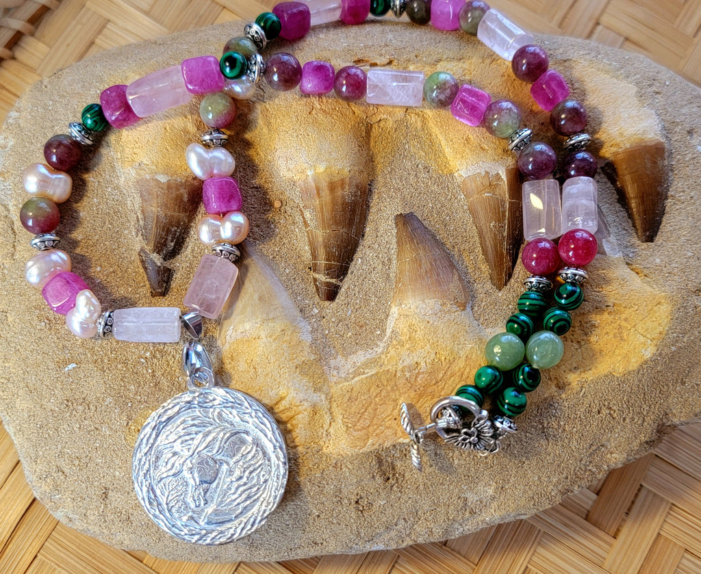 Pewter Arabian Horse Rose Quartz Gemstone Necklace Set earrings