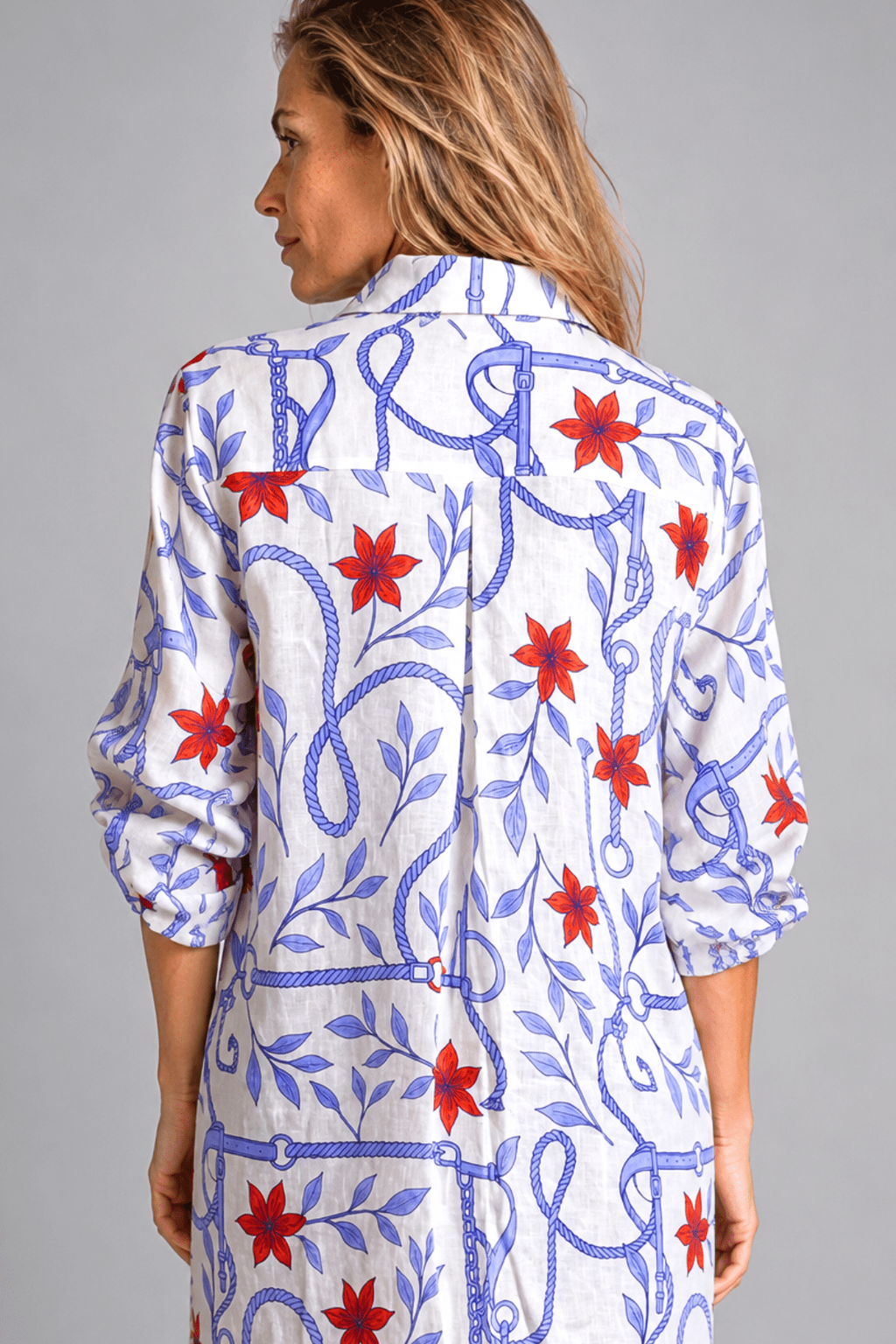 Magnolia Oversized Linen Shirt | Ropes Print - Blue, white & red