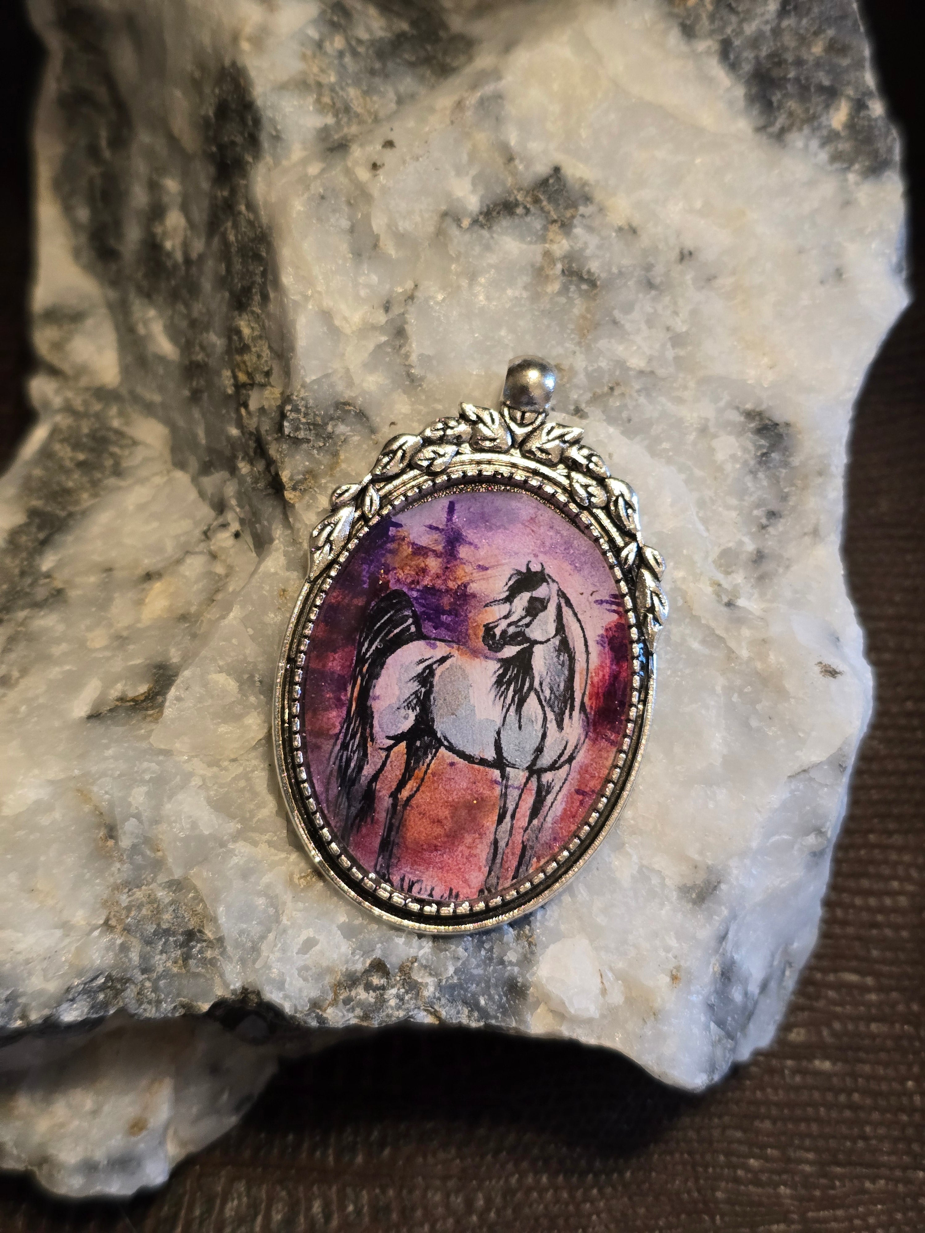 Desert Sunset Hand-Painted Arabian Horse Portrait Pendant, Silver alloy Setting