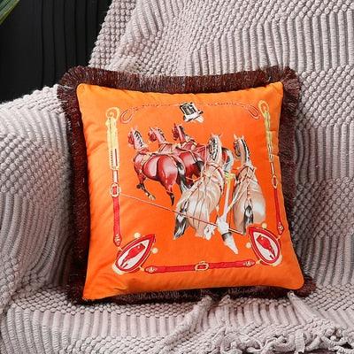 Unique Luxury Designer Style Printed Polyester Cushion Cover Horse printed Lumbar Cover Tassel Edge Modern Throw Pillow Covers Square Decorative Set Cushion Covers For Home Bed Couch Sofa Bench