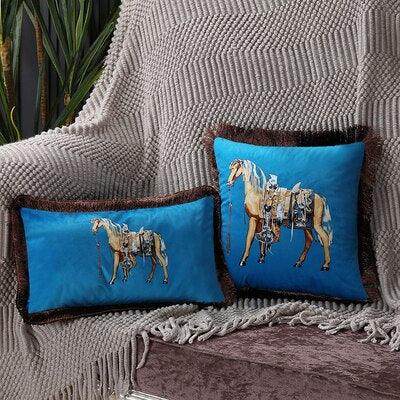 Unique Luxury Designer Style Printed Polyester Cushion Cover Horse printed Lumbar Cover Tassel Edge Modern Throw Pillow Covers Square Decorative Set Cushion Covers For Home Bed Couch Sofa Bench