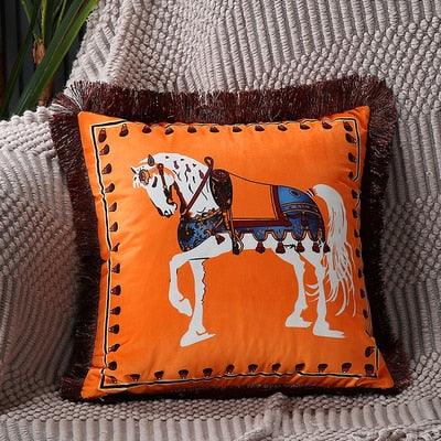 Unique Luxury Designer Style Printed Polyester Cushion Cover Horse printed Lumbar Cover Tassel Edge Modern Throw Pillow Covers Square Decorative Set Cushion Covers For Home Bed Couch Sofa Bench